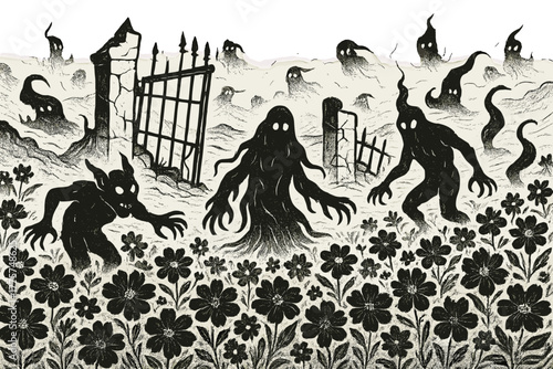 Slavic Underworld Mystique. Slavic underworld with shadowy creatures, broken gates, and endless fields of dark flowers, black and