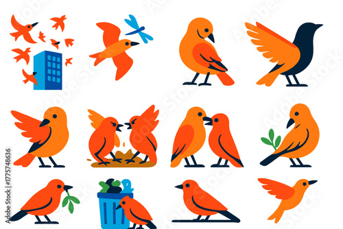Urban Bird Behaviors. Flat vector icons of Bird Behavior in Cities: flock circling skyscraper, bird chasing insect, preening