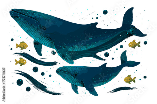 Whales and Glowing Plankton. Whale family swimming with currents, surrounded by glowing plankton, smiling little fish, and