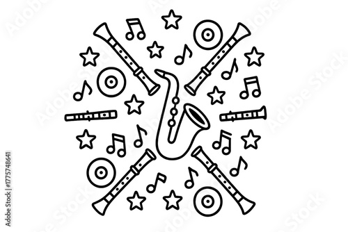 Musical Mandala Coloring Page. Saxophone in the middle with clarinets, notes, stars, and records radiating outward in a mandala