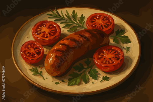 Gourmet Sausage Delight. Gourmet plate of roasted sausage with grilled vector illustration tomatoes and herbs, soft dramatic