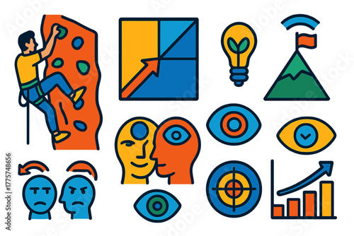 Optimal Challenge Psychology. Isometric vector illustration set Psychology of optimal challenge: rock climber in flow, skill-task