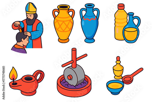 Oleology Icons Set. Isometric vector illustration set Oleology: ceremonial anointing with oil, oil jars and amphorae, cooking oil
