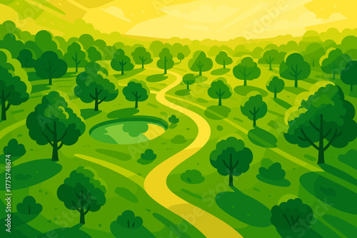 Lush Park Aerial View. Aerial view of a lush green park glowing vector illustration under golden sunlight, tranquil and vibrant