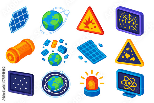 Space Debris Icons. Isometric vector illustration set Space Debris: satellite panel shard, orbital trajectory, collision danger