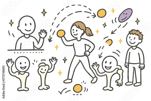 Whimsical Biomechanics Lab. Whimsical doodle throwing biomechanics lab with smiling human figures, cartoon shoulder joints waving,