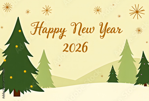 Festive illustration featuring evergreen trees adorned with ornaments, a cheerful greeting for the New Year 2026, set against a soft pastel background with decorative stars