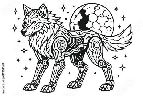 Cybernetic Wolf Illustration. Cybernetic wolf with robotic limbs, glowing circuits, and shattered moon in the background, black