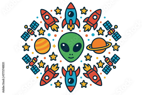Galactic Alien Mandala. Alien face in the center with rockets, planets, stars, and satellites forming a galactic mandala design,
