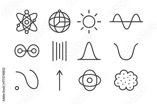 Quantum Research Icons. Line style icons of quantum research: atom lattice, qubit sphere, photon, wavefunction; entangled pair,