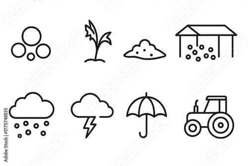Hailstorm Icons Collection. Line style icons of Hailstorm in Field: Hailstone, Damaged Crop, Ice Accumulation, Shelter, Cloud,