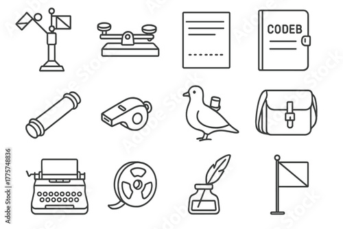 Icons of Early Communication. Line style icons of early communication: semaphore, Morse key, telegram sheet, codebook; message