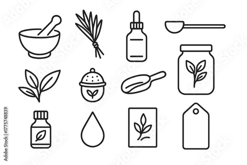 Herbal Apothecary Icons. Line style icons of Herbal Apothecary: Mortar and Pestle, Herb Bundle, Tincture Bottle, Measuring Spoon;
