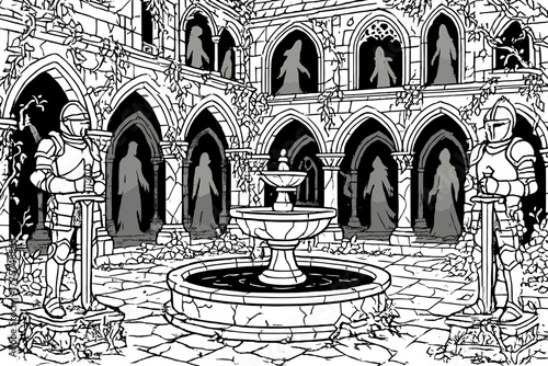 Gothic Courtyard Mystique. Gothic courtyard with statues of knights, cracked fountains, overgrown vines, and ghostly silhouettes,