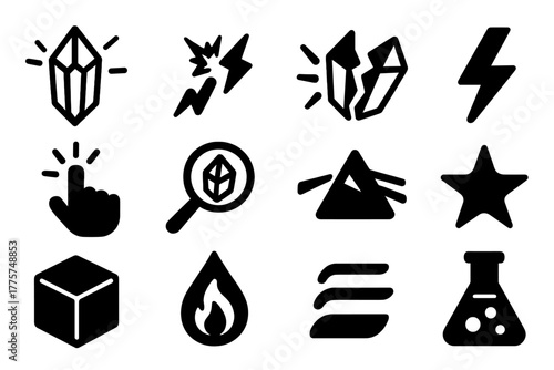 Crystals Emitting Light. Solid style icons of triboluminescence and crystal light emission: crystal, spark, broken crystal,