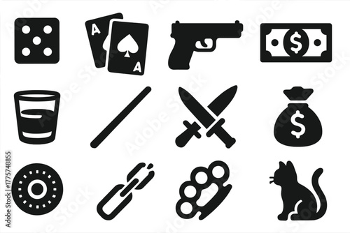 Underworld Icons Collection. Solid style icons of City Underworld: Dice, Playing Cards, Pistol, Dollar Bill, Whiskey Glass, Pool