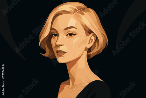 Sophisticated Blonde Portrait. Elegant portrait of a woman with short blonde hair, softly illuminated against vector illustration