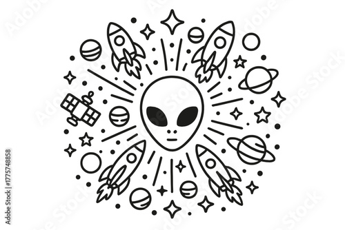 Cosmic Alien Mandala. Alien face in the middle with rockets, planets, stars, and satellites radiating outward in cosmic mandala
