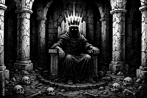 Medieval Village Ruins. Abandoned medieval village with collapsed houses, broken wells, and crows perched on rooftops, black and