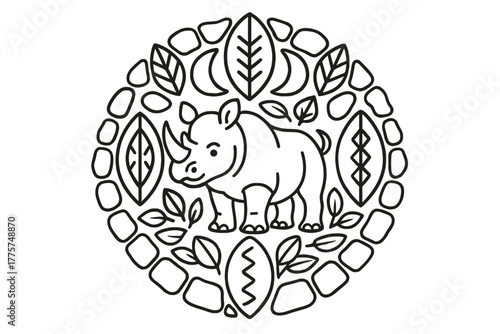 Rhino Mandala Design. Rhino in the center with rocks, leaves, moons, and tribal shields forming a strong mandala pattern, black