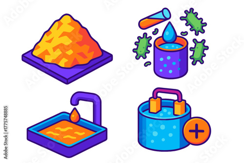 Bioleaching Process Stages. Isometric vector illustration set Bioleaching Process Stages: Crushed ore pile, inoculation with