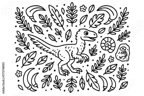 Velociraptor Coloring Design. Velociraptor in the middle with claws, feathers, plants, and fossils arranged in a radial decorative