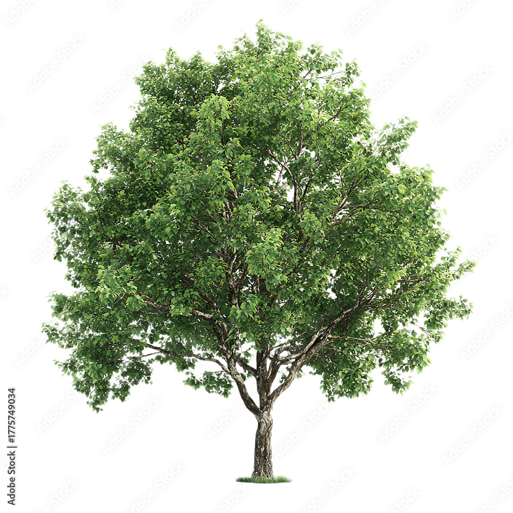 Fototapeta premium A single isolated tree with green leaves and a brown trunk against a black background in full view