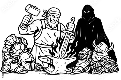 Forging Cursed Weapons. Blacksmith forging cursed weapons with glowing runes, piles of armor, and a shadowy figure watching, black