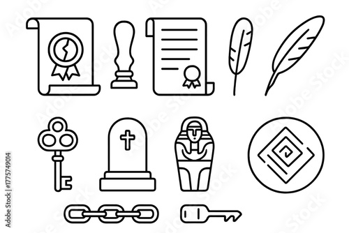 Forgotten Dynasty Icons. Line style icons of Forgotten Dynasty: Broken Seal, Royal Document, Ancient Tomb, Lost Lineage; Scroll,
