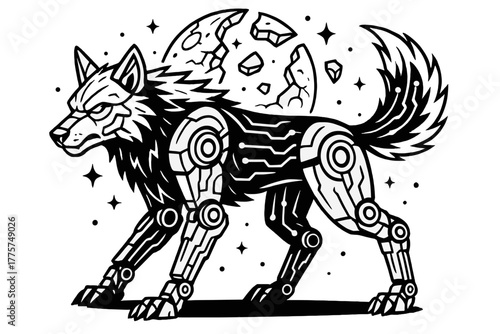 Cybernetic Wolf Illustration. Cybernetic wolf with robotic limbs, glowing circuits, and shattered moon in the background, black