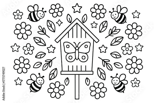 Butterfly House Mandala. Butterfly house in the center with flowers, bees, stars, and leaves radiating outward in symmetry, black