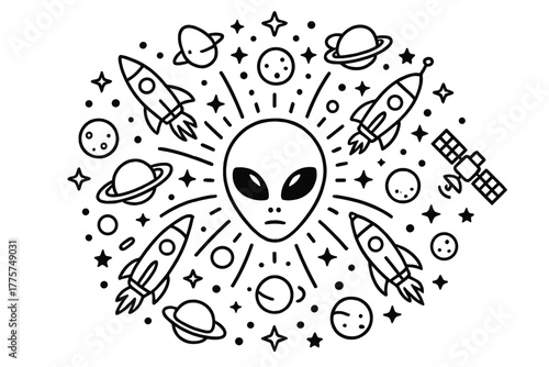Cosmic Alien Mandala. Alien face in the middle with rockets, planets, stars, and satellites radiating outward in cosmic mandala