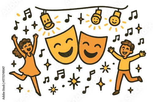Cheerful Performing Arts Scene. Cheerful doodle performing arts preservation with happy dancers, cartoon theater masks smiling,