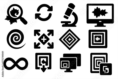 Infinite Zoom Fractals. Solid style icons of infinite zoom concept: magnifying glass on fractal, recursive zoom arrows, fractal