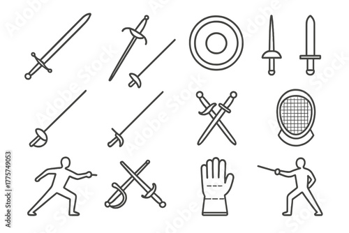 Historical Fencing Icons. Line style icons of historical fencing: longsword, side sword, buckler, dagger; foil, épée, practice