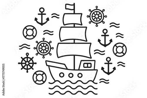 Symmetrical Nautical Design. Ship in the middle with anchors, sails, waves, lifebuoys, and steering wheels radiating outward in