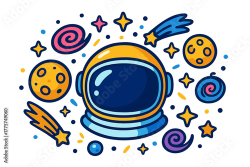 Cosmic Astronaut Helmet. Astronaut helmet in the middle with moons, stars, galaxies, and comets forming a decorative cosmic
