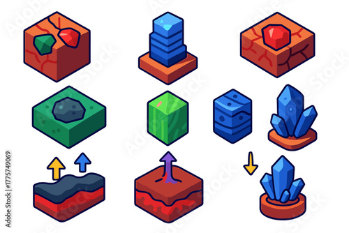 Gem Formation Diagrams. Isometric vector illustration set Gem formation: emerald and ruby veins, sapphire growth layers, mineral
