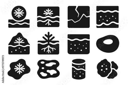 Frozen Soil Icons. Solid style icons of Frozen Soil: Ice Lens, Ground Layer, Soil Crack, Permafrost Block, Frost Heave, Frozen