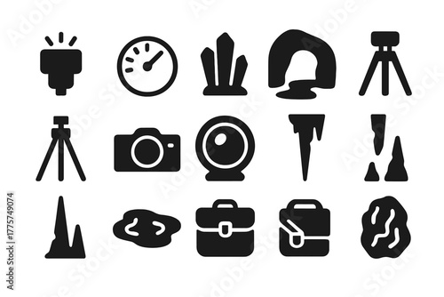 Cave Photography Essentials. Solid style icons of Cave photography: remote flash, long exposure, mineral formation, cavern
