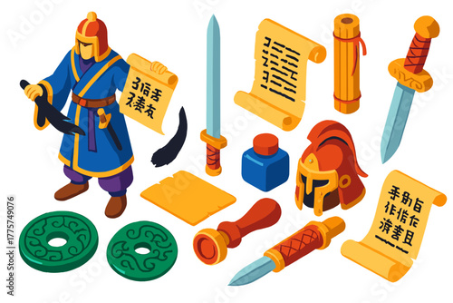 Mystical Scholar Icons. Isometric vector illustration set Sword & Scroll: mystical scholar warrior, text manuscript, ink brush