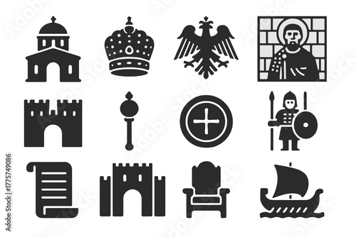 Byzantine Empire Icons. Solid style icons of Byzantine Empire: domed church, imperial crown, double-headed eagle, mosaic panel,