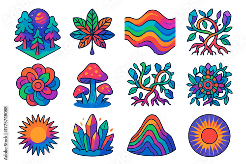 Psychedelic Nature Icons. Isometric vector illustration set Psychedelic Nature: cosmic forest, kaleidoscopic leaf patterns,