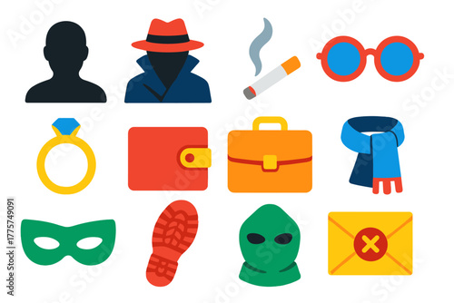 Suspect Motif Icons. Flat vector icons of Suspect Motifs: silhouette, hat, trench coat, cigarette, glasses, ring, wallet,