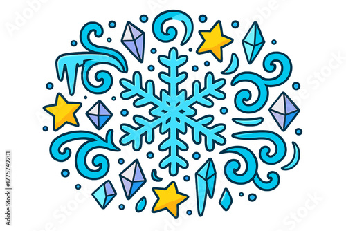 Winter Mandala Symmetry. Snowflake in the center with icicles, stars, crystals, and frosty swirls radiating outward in winter