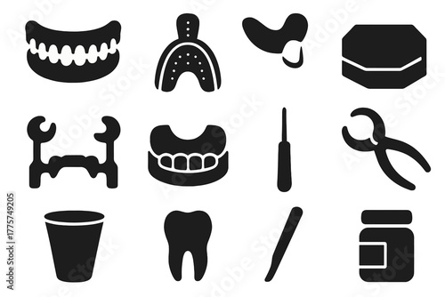Prosthetic Dentistry Icons. Solid style icons of Prosthetic Dentistry: Denture, Mold, Impression Tray, Wax Block, Casting Frame,