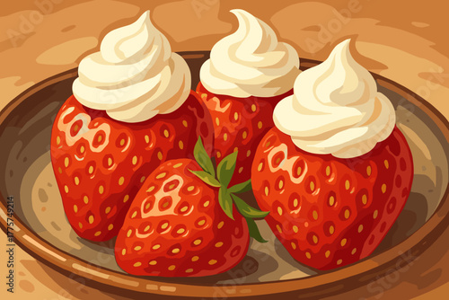 Strawberries and Cream Delight. Macro shot of fresh strawberries topped with cream on a rustic plate, vibrant reds and soft whites