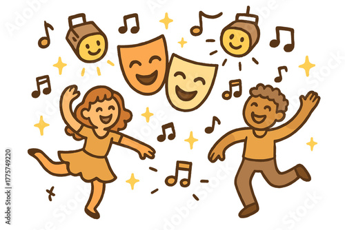 Cheerful Performing Arts Scene. Cheerful doodle performing arts preservation with happy dancers, cartoon theater masks smiling,