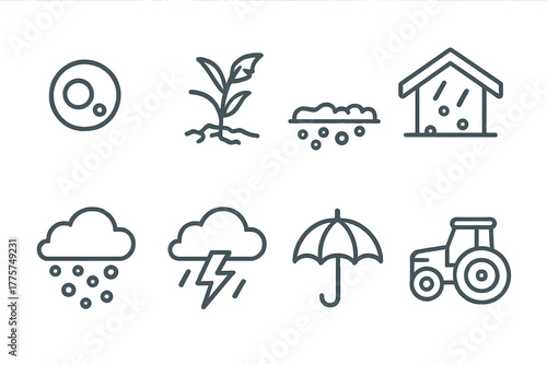 Hailstorm Icons Collection. Line style icons of Hailstorm in Field: Hailstone, Damaged Crop, Ice Accumulation, Shelter, Cloud,