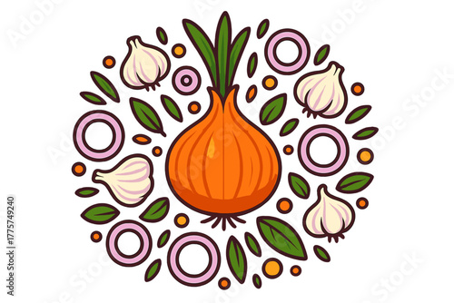 Flavorful Onion Mandala. Onion in the center with garlic cloves, sprouts, rings, and leaves forming a strong flavor mandala,